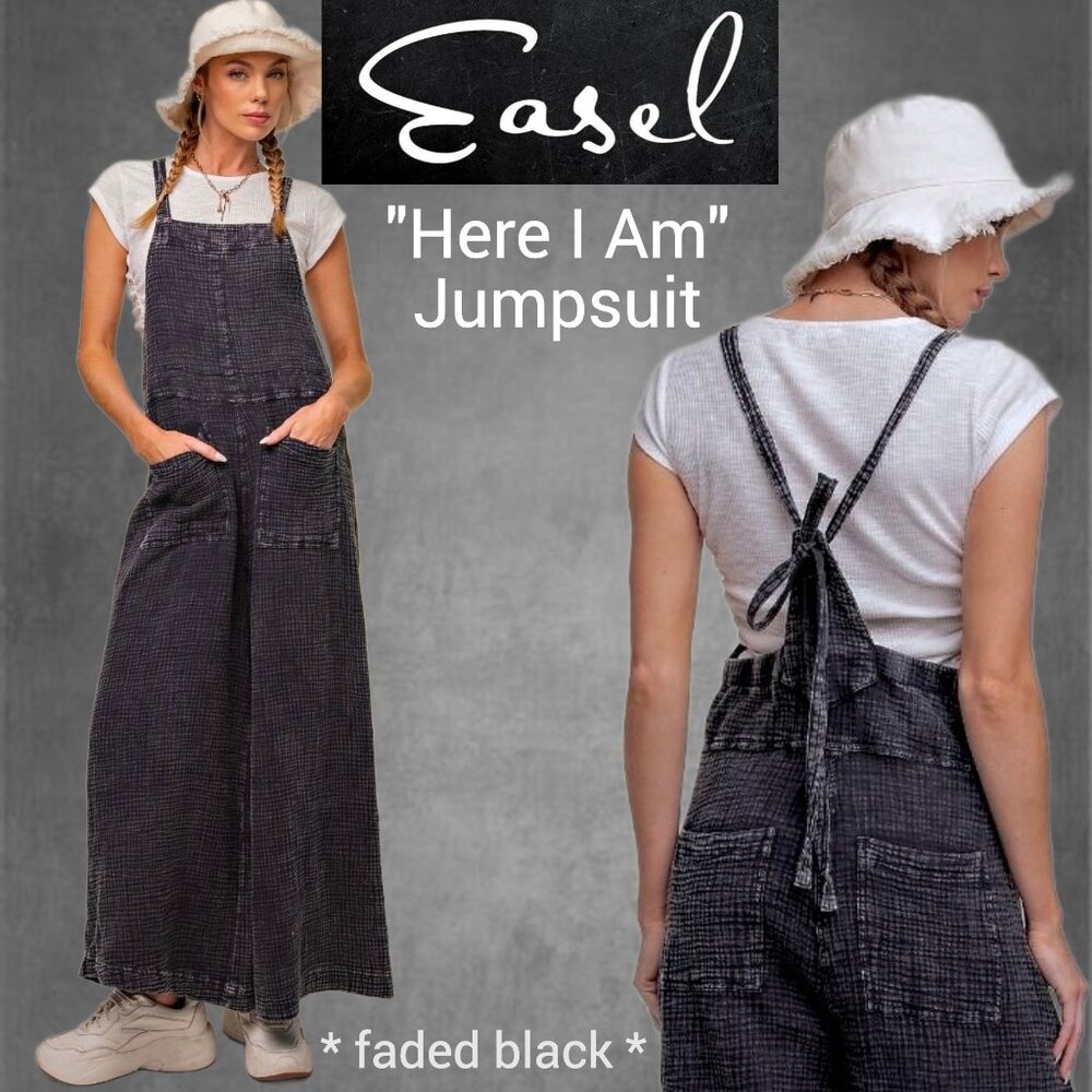 EASEL "Here I Am" RESTOCKED! Mineral Washed Wide Leg Jumpsuit Tie Straps Pockets